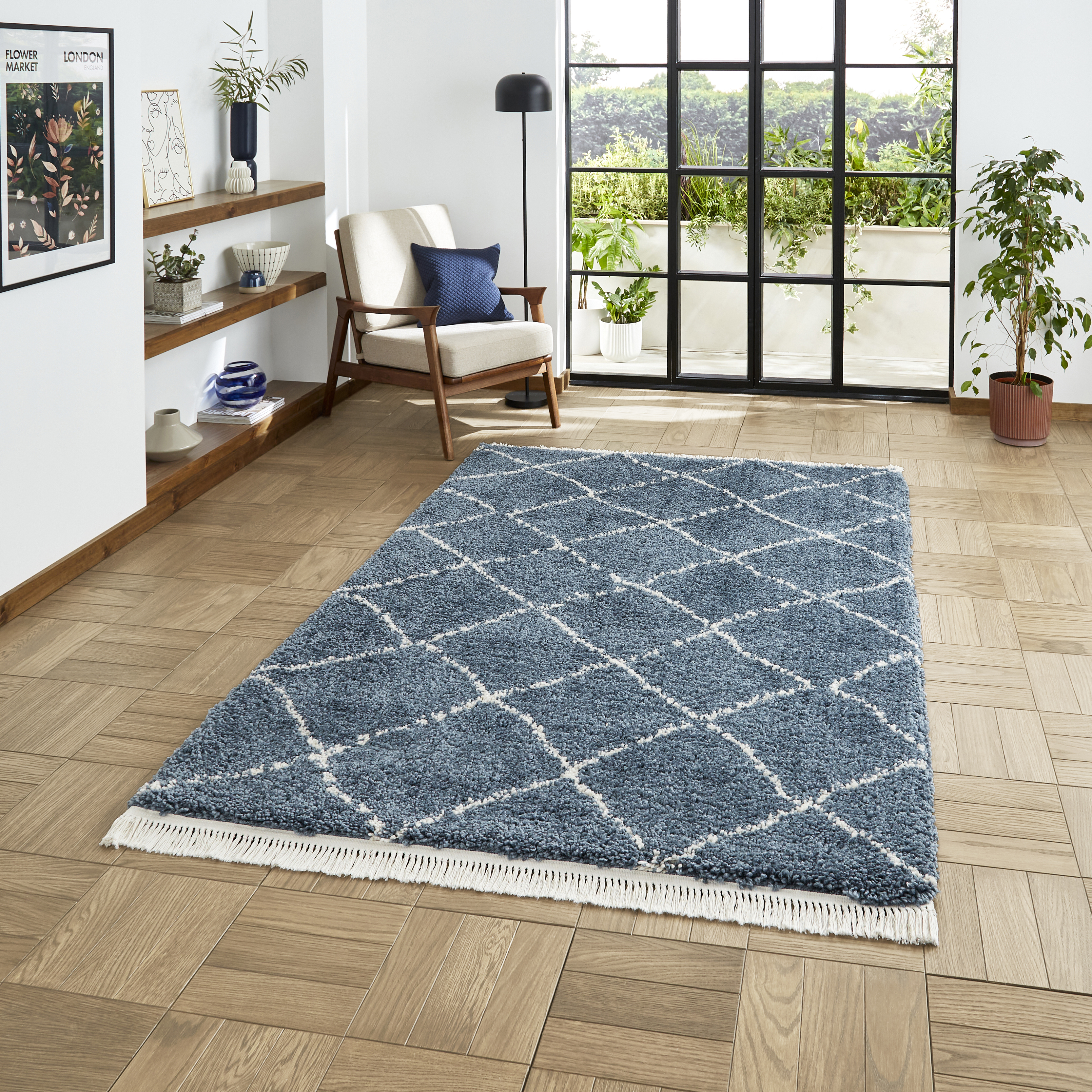 Boho 5413 Berber Shaggy Modern Rugs In Blue